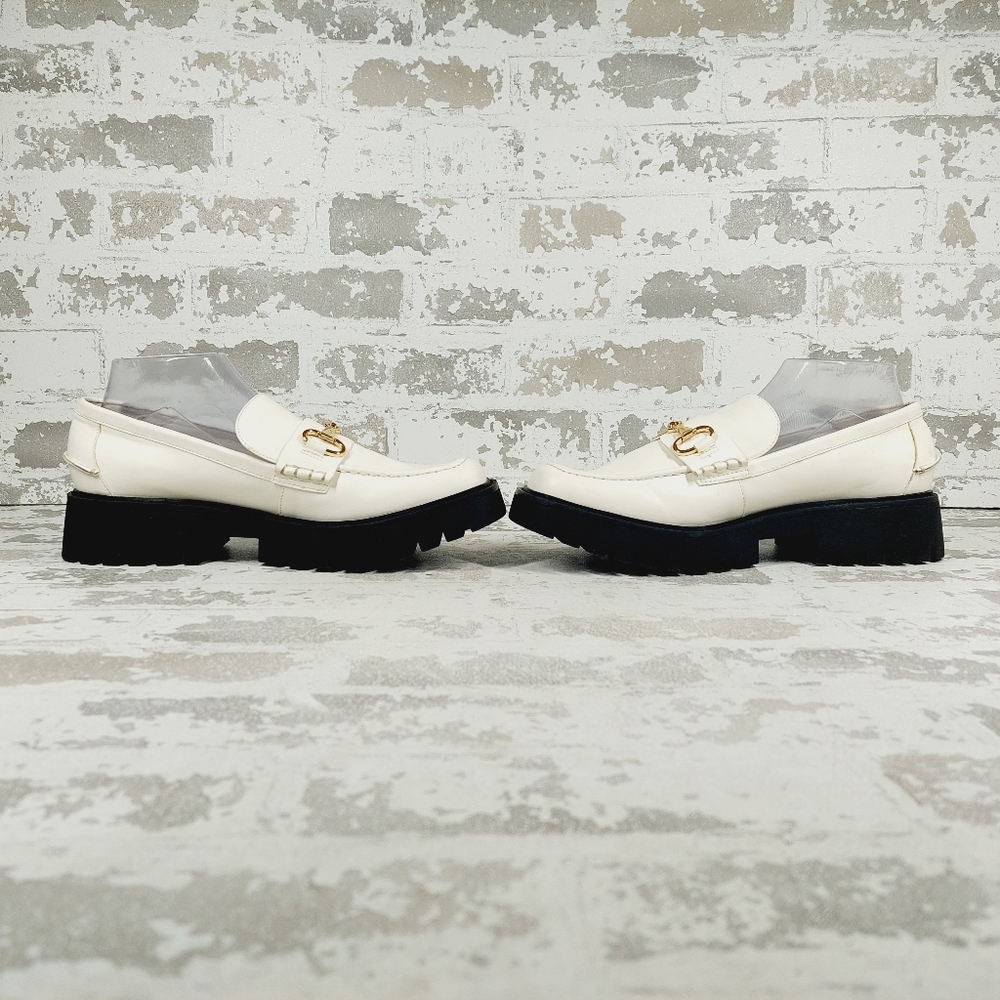 NEW Nordstrom Open Edit White Faux Patent Gold Chunky Academia Loafers C433 - Picture 7 of 14